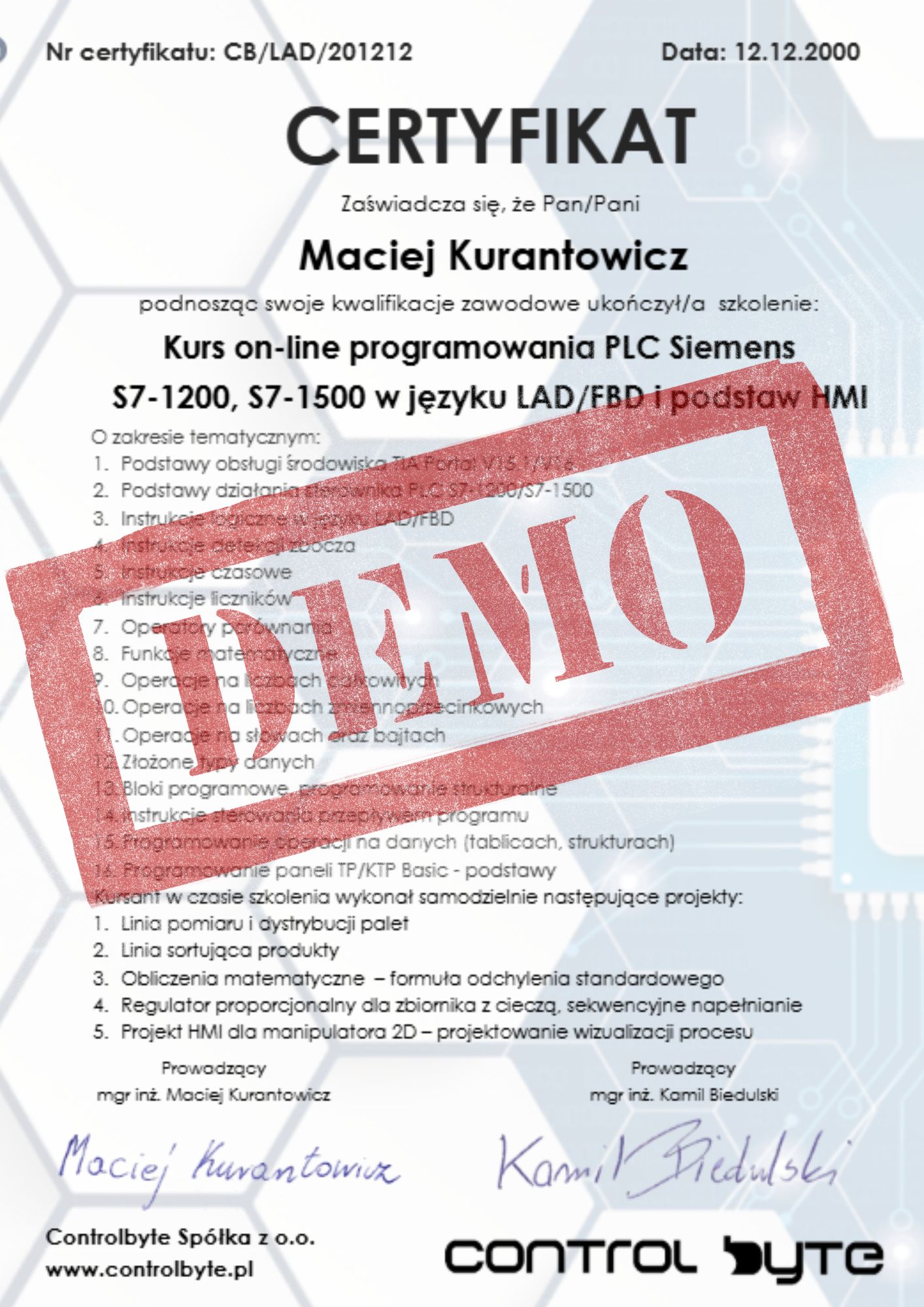 Przykładowy certyfikat ControlByte