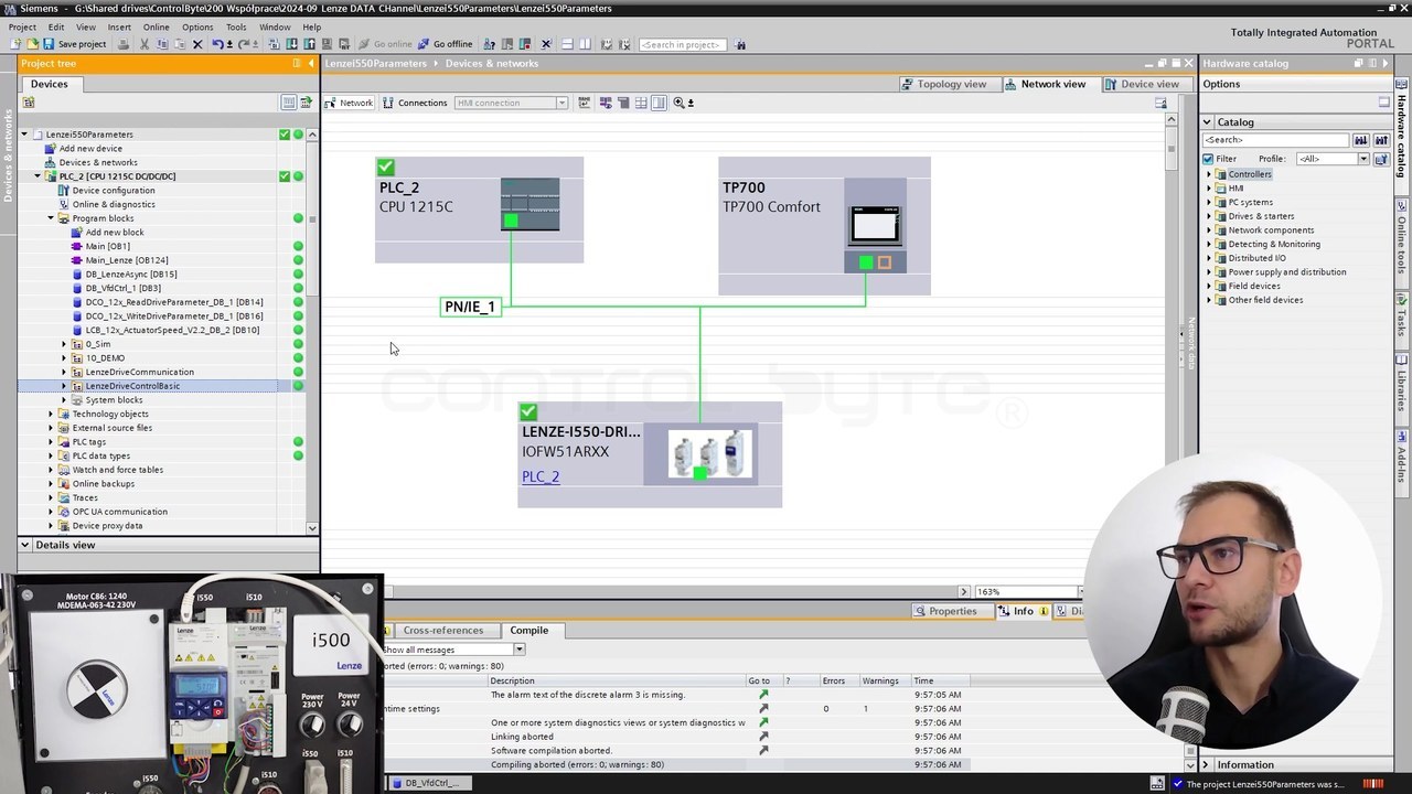 Stanowisko: falownik Lenze i550, sterownik S7-1200 i panel HMI TP700 w sieci PROFINET