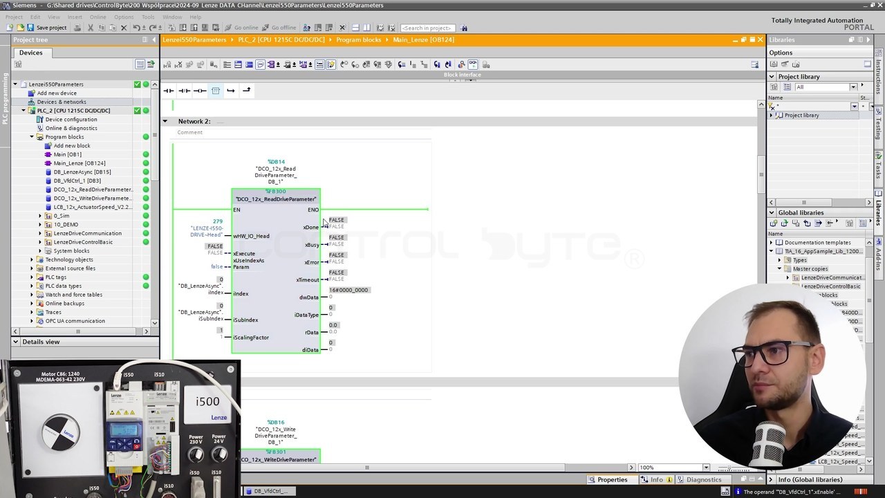 Kanal parametryczny: bloki ReadDriveParameter i WriteDriveParameter falownika Lenze i550