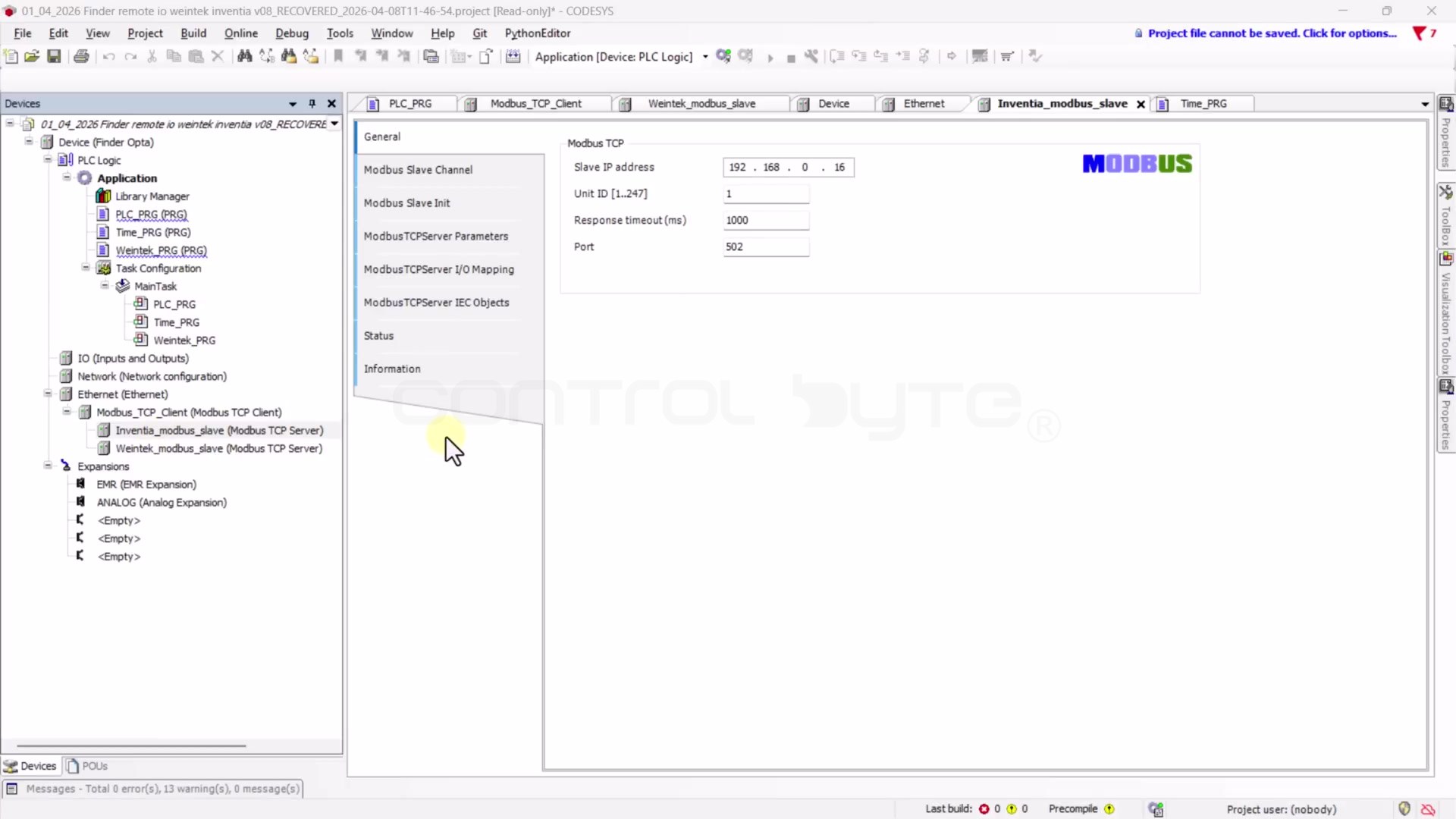 Konfiguracja Inventia MT-121 jako Modbus TCP Slave w CODESYS na Finder Opta