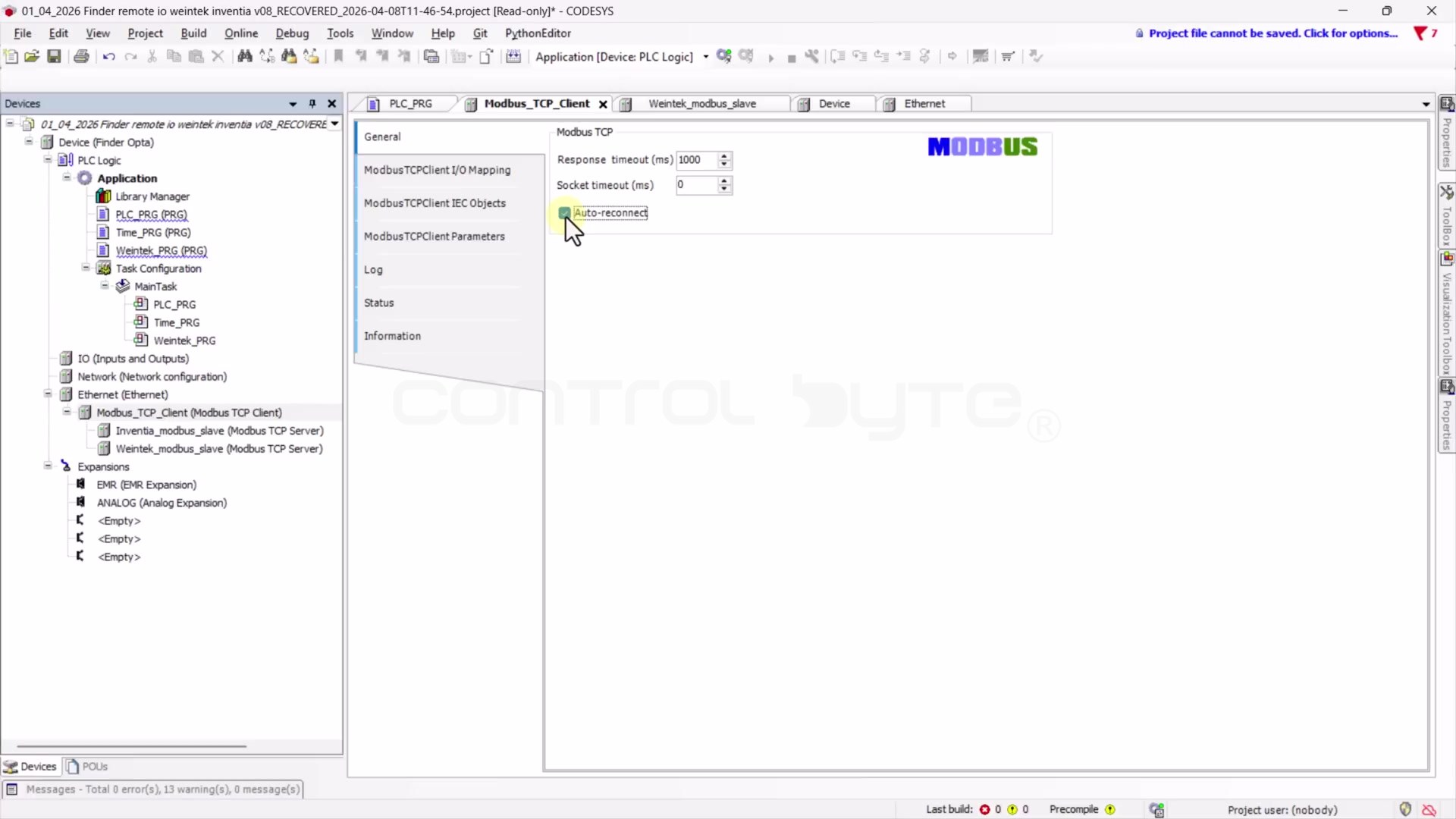 Opcja Auto reconnect w kanale Modbus TCP Master w CODESYS na Finder Opta