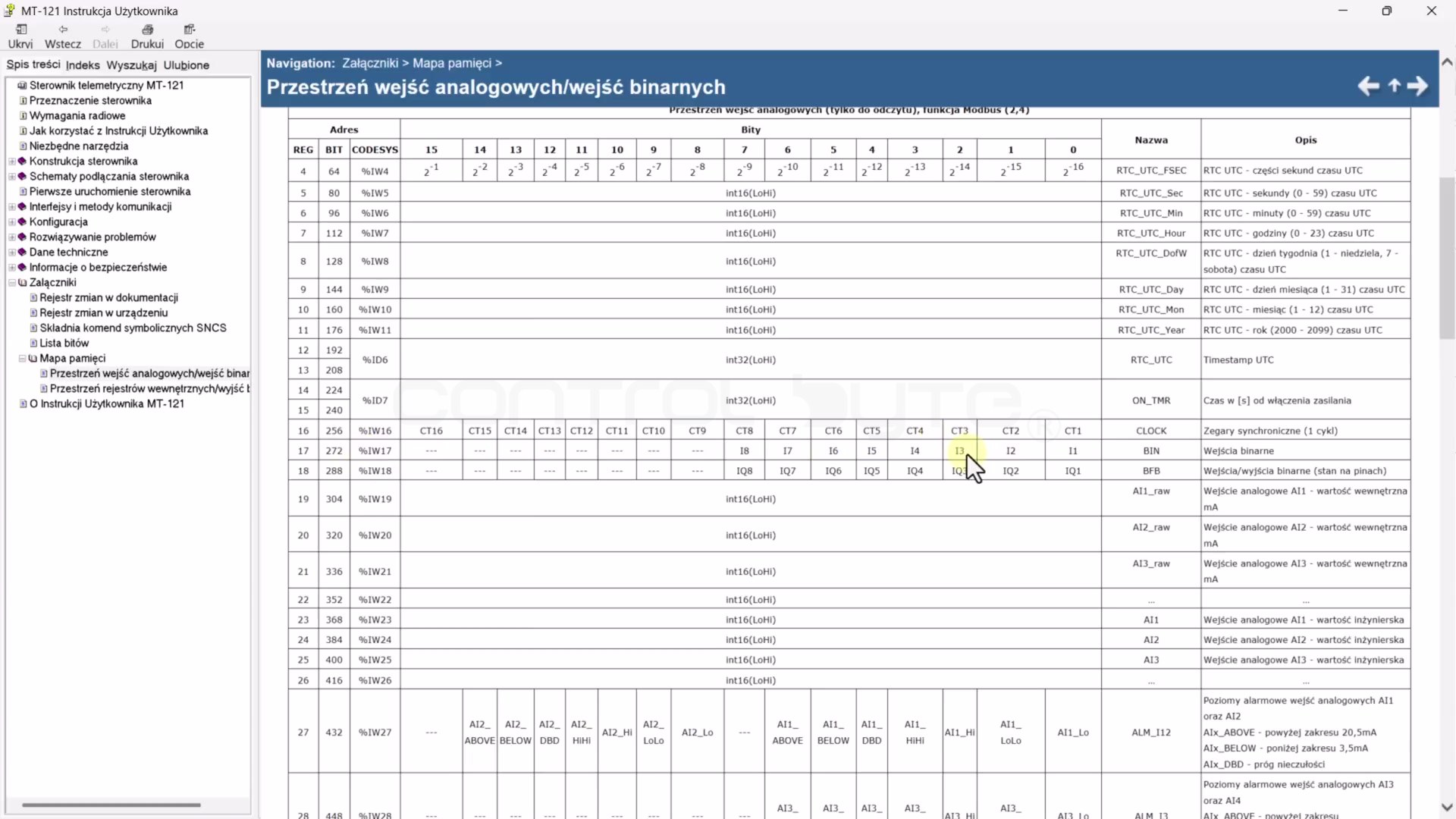 Mapa rejestrów Modbus w instrukcji Inventia MT-121 z adresowaniem wejść binarnych
