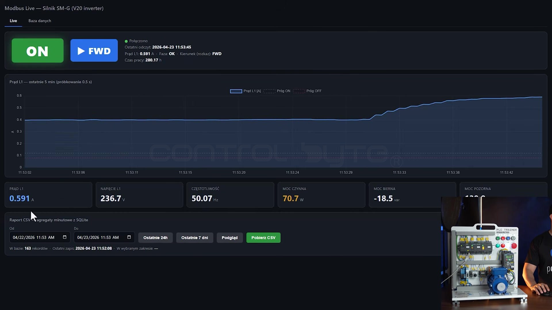 Dashboard live pomiaru energii w Pythonie we Flasku z wykresem prądu silnika