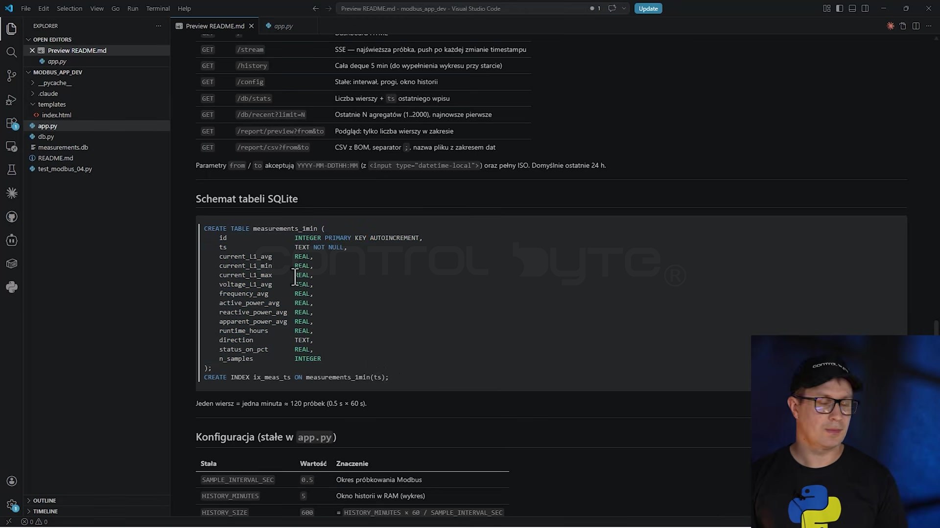Schemat tabeli SQLite i konfiguracja skryptu Python do pomiaru energii