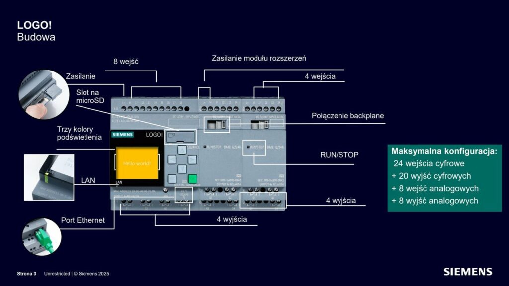 Budowa modułu podstawowego LOGO! 8: wejścia, wyjścia, port Ethernet, slot microSD i wyświetlacz