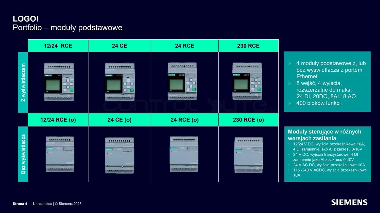 Portfolio modułów podstawowych LOGO! 8 w wersjach 12/24 RCE, 24 CE, 24 RCE i 230 RCE