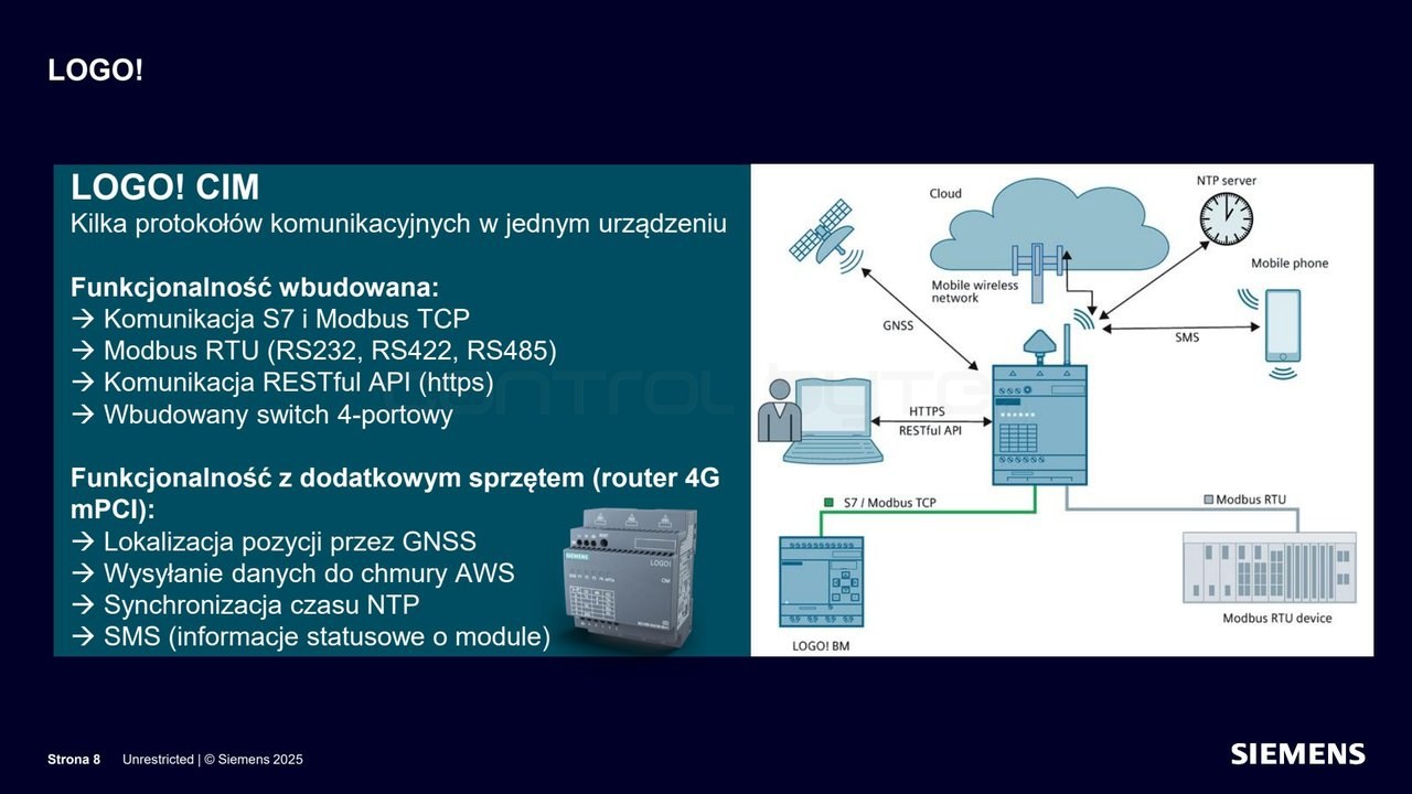 LOGO! CIM: komunikacja S7, Modbus TCP i RTU, RESTful API oraz łączność z chmurą i SMS