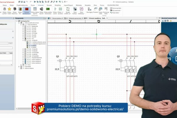 Schemat zasadniczy zasilania w SOLIDWORKS Electrical Schematic – widok projektu, drzewa komponentów i Electrical Content Portal