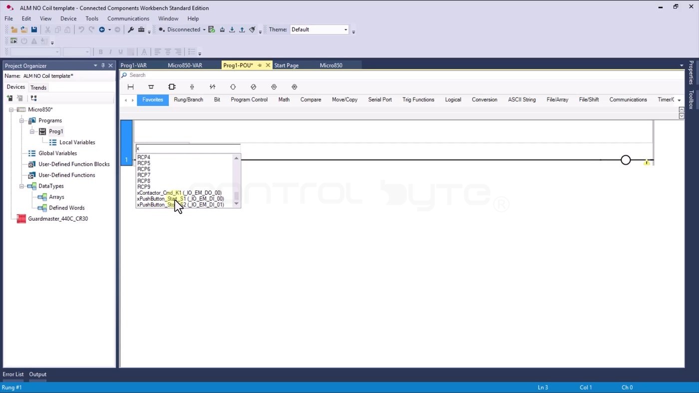 Przypisywanie zmiennej do instrukcji ladder z listy podpowiedzi w CCW