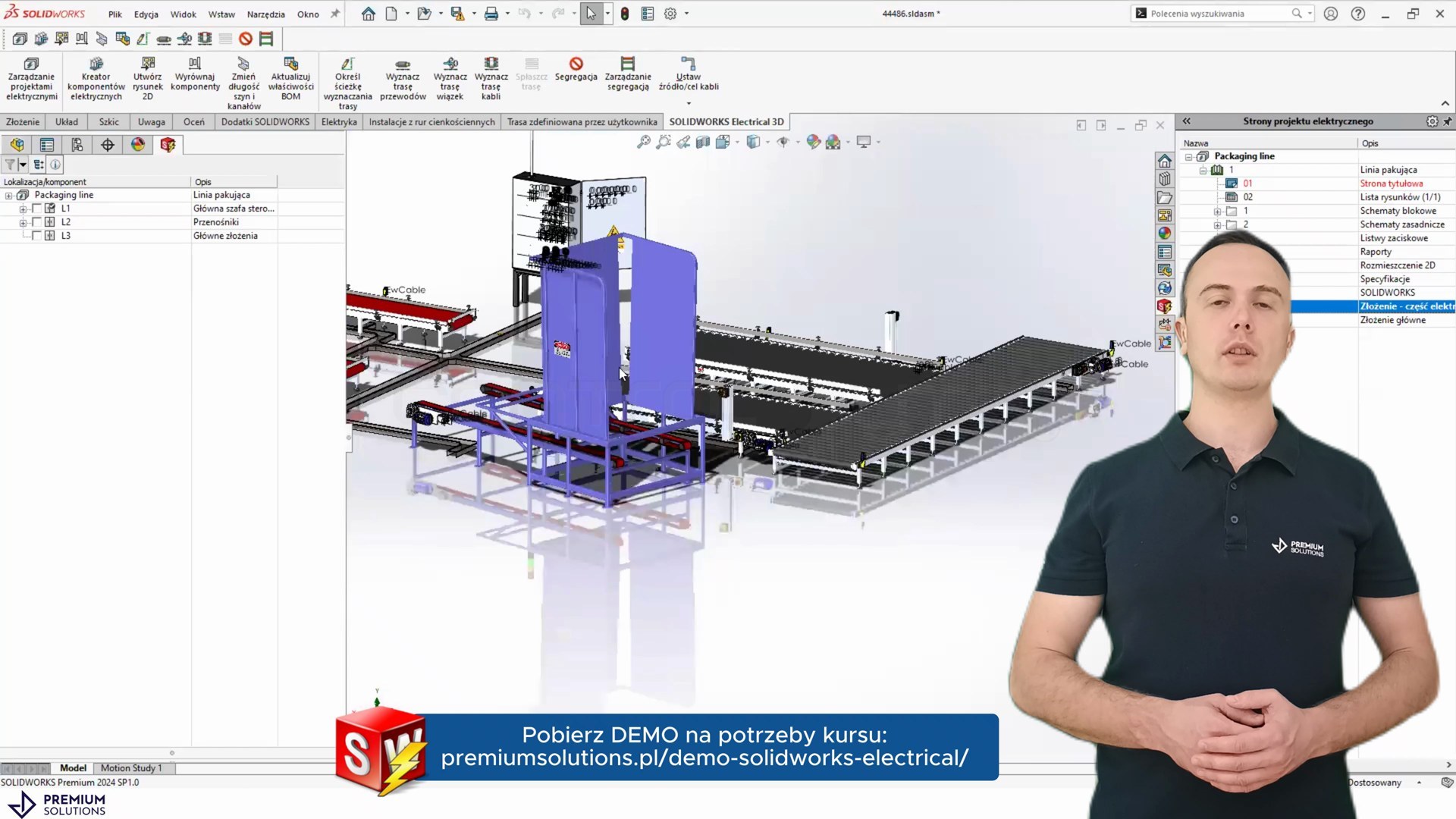 Model 3D całej linii pakującej z projektem elektrycznym powiązanym ze złożeniem
