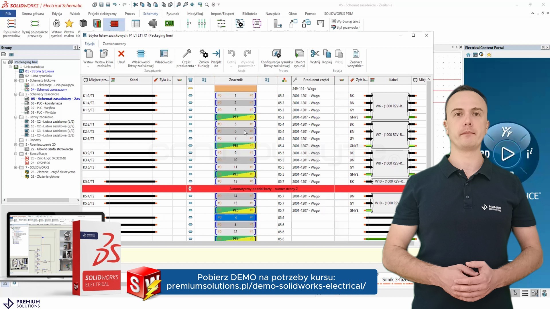 Edytor listew zaciskowych w SOLIDWORKS Electrical – żyły, kable i znaczniki generowane z danych projektu