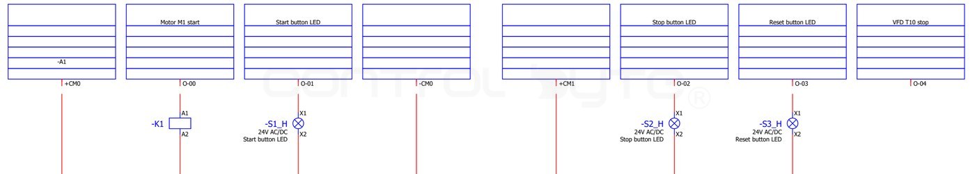 Schemat CB-M850-001, str. 10: stycznik -K1 (A1/A2) na O-00 i lampki -S1_H, -S2_H, -S3_H na O-01 do O-03