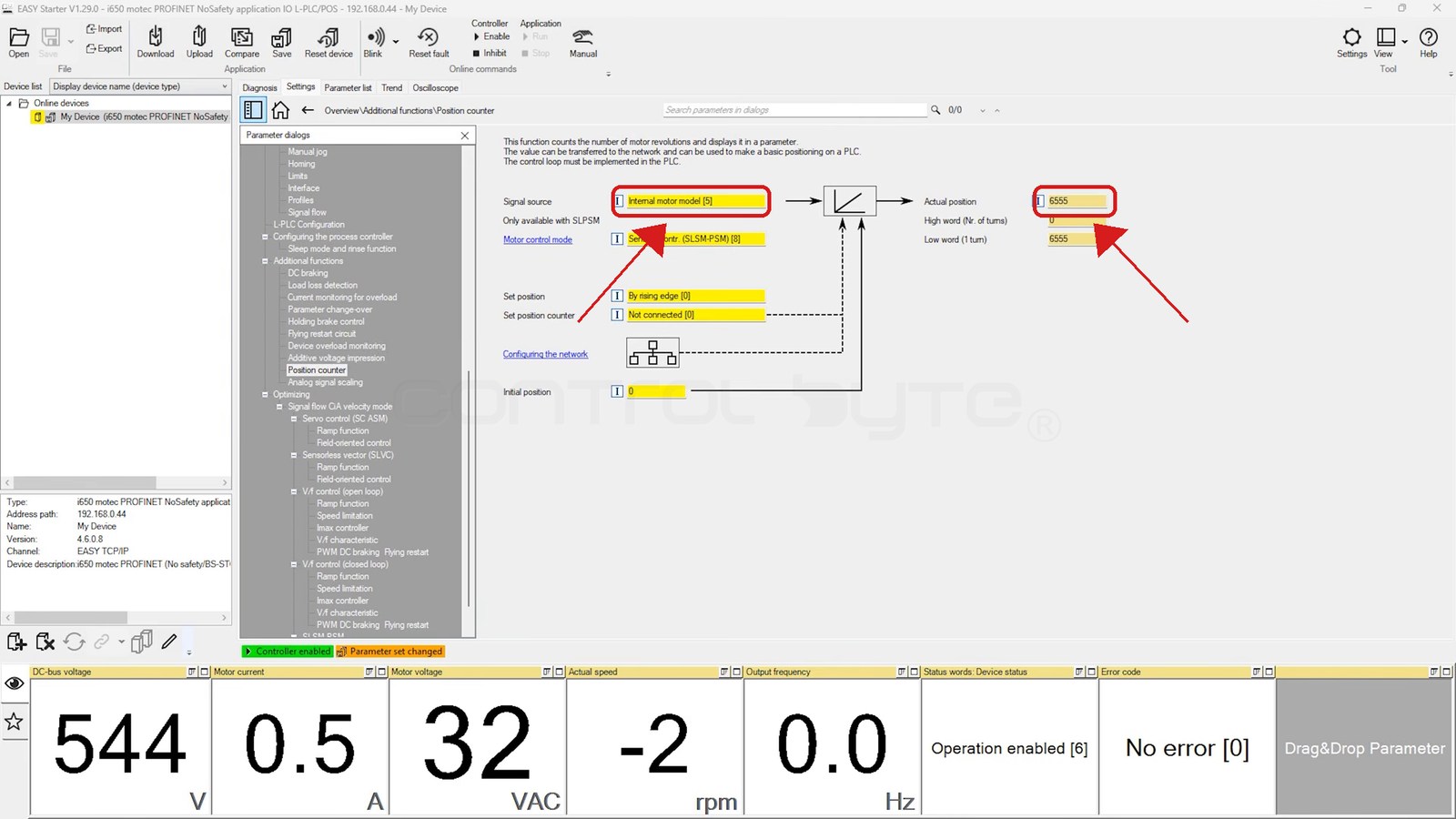 Position counter w Easy Starter liczy pozycję wału z modelu silnika
