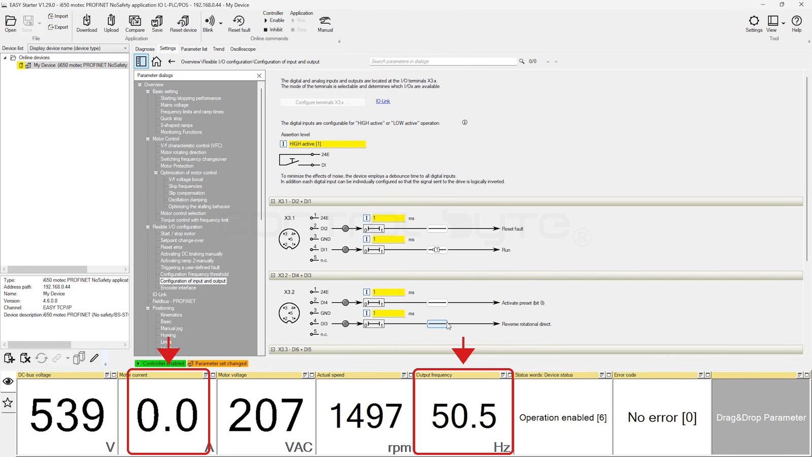 Easy Starter: 50 Hz, 1497 obr/min i prąd silnika 0,0 A