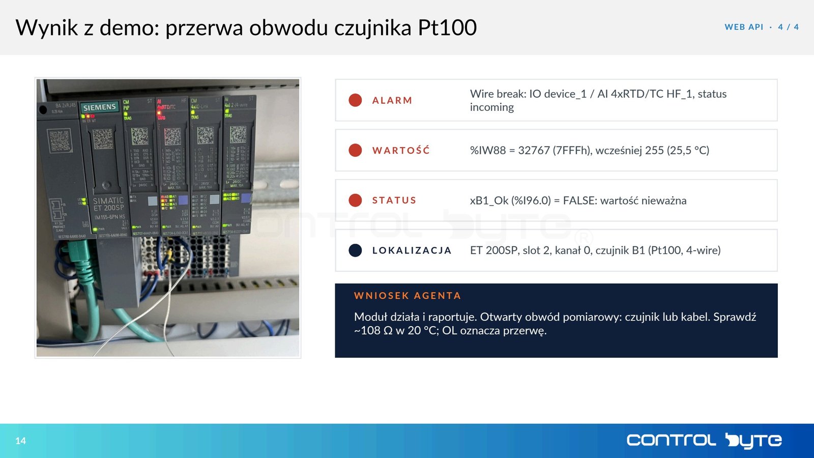 Wynik z demo: przerwa obwodu czujnika Pt100