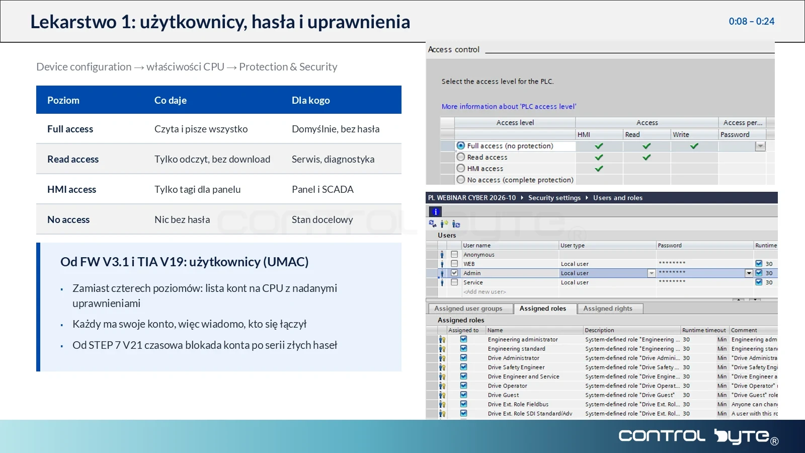 Poziomy dostępu w TIA Portal i zarządzanie użytkownikami UMAC na sterowniku S7-1500