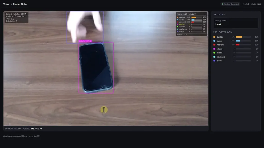 Aplikacja Vision + Finder Opta wykrywa telefon na obrazie z kamery i wysyła wynik przez Modbus TCP
