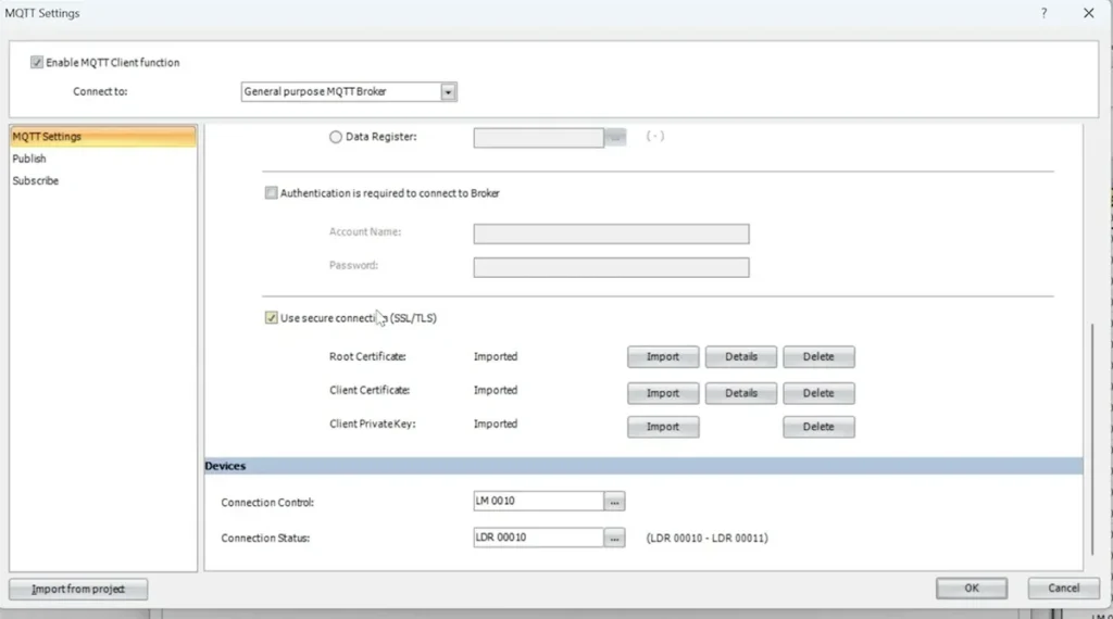Okno MQTT Settings w oprogramowaniu IDEC z połączeniem SSL/TLS i certyfikatami