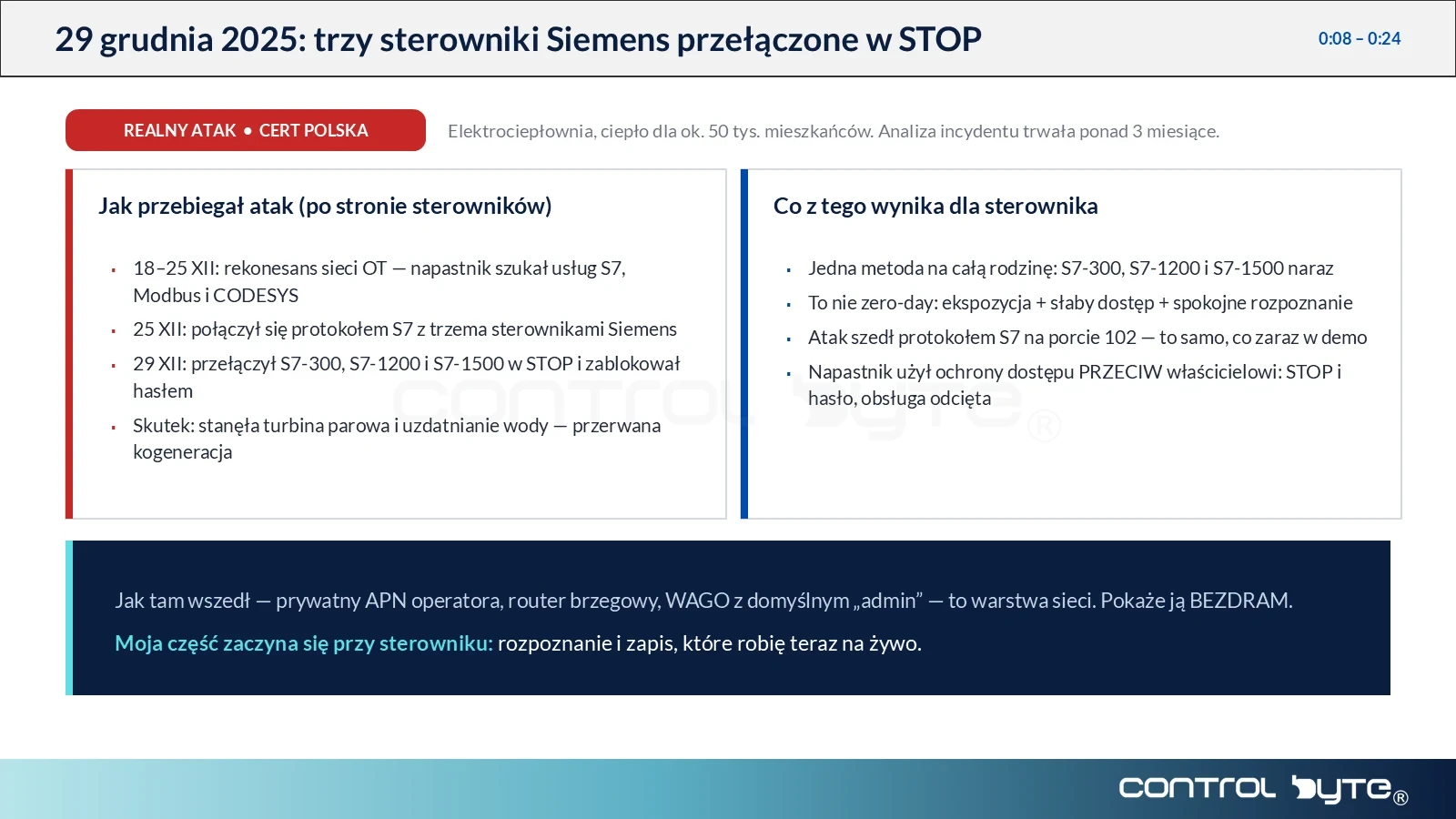 Slajd z webinaru: przebieg ataku na elektrociepłownię i skutki dla sterowników Siemens