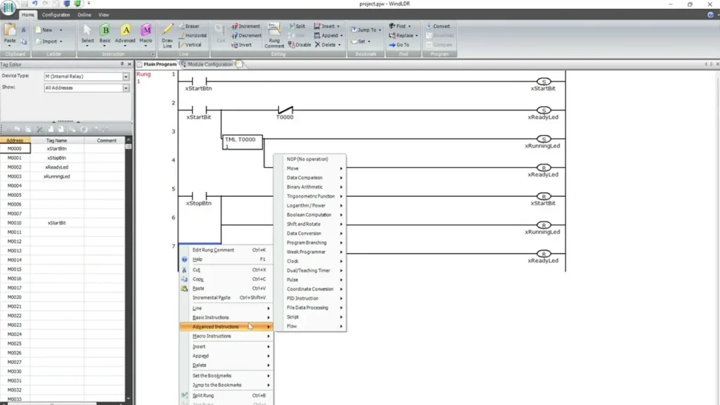 Program ladder dla wbudowanego PLC w IDEC FT2J - xStartBit, timer TML, xReadyLed, xRunningLed