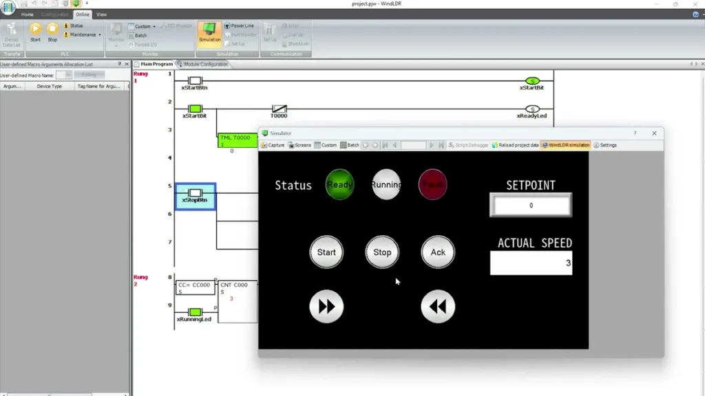Symulacja programu ladder i ekranu panelu HMI IDEC - lampki Ready, Running i licznik cykli