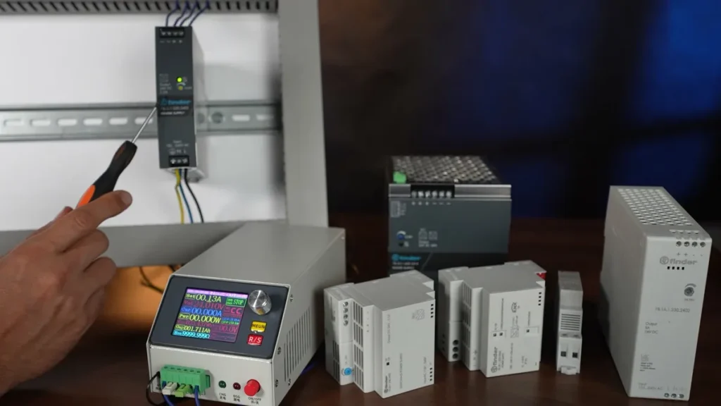 Zasilacz 24 V na szynie DIN podłączony do obciążenia elektronicznego