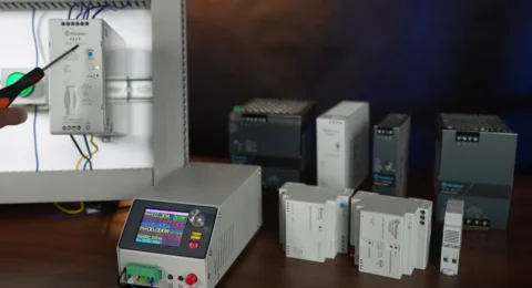 Zasilacze na szynę DIN Finder seria 78 na stanowisku testowym z obciążeniem elektronicznym